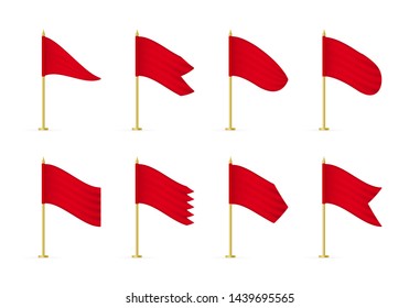 Realistic red advertising textile flags. Empty 3d banner fabric mockup set.