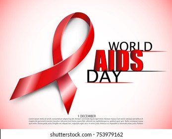 Realistic red AIDS ribbon. World AIDS day concept on red background with light effect. Vector illustration.
