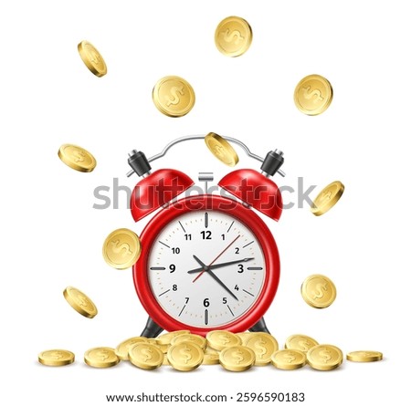 Realistic red alarm clock with gold falling coins. Time is money. Cash rain. Watch dial. Golden dollars. Investment income. Financial timer. Economy success. Hours cost