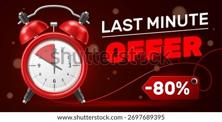 Realistic red alarm clock with last minute offer. Limited price discount. Shopping promotion. Watch dial. Seconds countdown. Sale marketing. Hurry to buy. Advertising banner vector design template