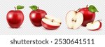 Realistic red apple fruits. Set of whole, slice and piece of fresh ripe apples with green leaves isolated on transparent background.