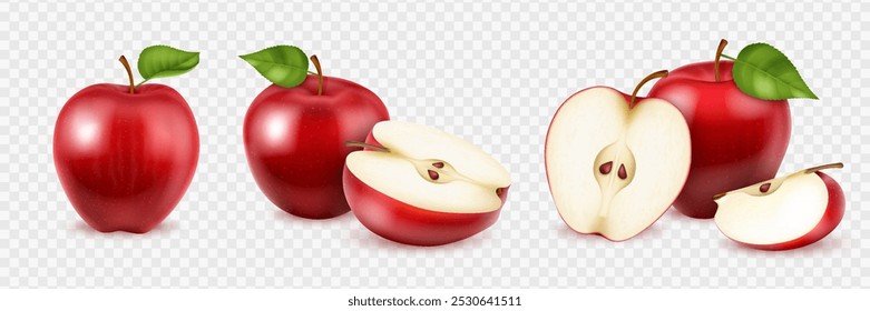 Realistic red apple fruits. Set of whole, slice and piece of fresh ripe apples with green leaves isolated on transparent background.