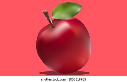 Realistic Red Apple And Green Leaf On Color Background. 3D Apple Graphic Background. Design Concept For Graphic, Banners, Wallpaper, Reports.Vector Illustration. Eps 10