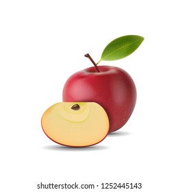 realistic red apple with green leaf and slice isolated on white background. vector illustrations