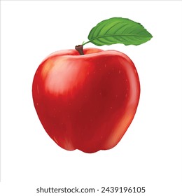 Realistic red apple and green leaf illustration capturing natural beauty. Perfect for food-themed designs, packaging, and educational materials.
