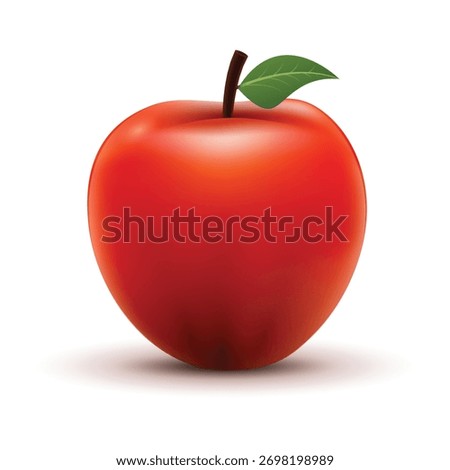 Realistic red apple with green leaf and stem isolated on white background. Fresh fruit illustration symbolizing health, nutrition, and natural food concept.