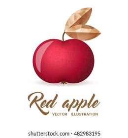 Realistic red apple, isolated on white - vector illustration. Big red apple with bright golden leaf.