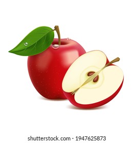 Realistic red apple with leaf and drops, on white background, sweet fruit, healthy food.