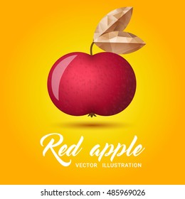 Realistic red apple on bright yellow background - vector illustration. Big red apple with bright golden leaf.