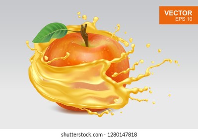 Realistic red apple with splash of apple juice vector illustration on isolated background. Hyperrealistic shiny fruit 
