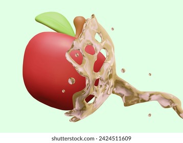 Realistic red apple, splashes of transparent liquid. Advertisement of fruit juice