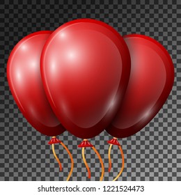 Realistic Red Balloons with ribbons isolated on transparent background. Vector illustration of shiny colorful glossy balloons for Birthday party