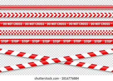 Realistic red barricade tape. Police warning line. Danger or hazard stripe. Under construction sign. Vector illustration.