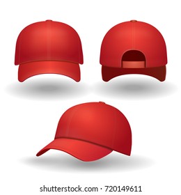 Realistic red baseball cap set. Back front and side view isolated 3d vector illustration