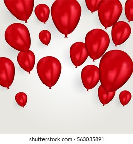 Realistic red birthday balloons flying for party or celebrations. Space for message. Isolated on light background