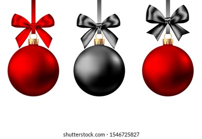 Realistic  red and black  Christmas  balls  with bow and ribbon isolated on white background. Vector  Xmas  tree decoration for Black Friday sale banner.