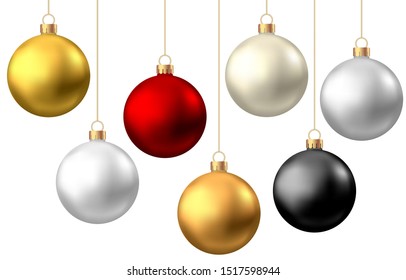 Realistic  red, black, gold, silver  Christmas  balls  isolated on white background. Vector  Xmas  tree decoration.