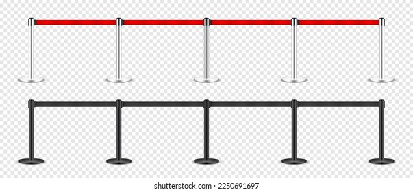 Realistic red and black retractable belt stanchion. Crowd control barrier posts with caution strap. Queue lines. Restriction border and danger tape. Attention, warning sign. Vector illustration.