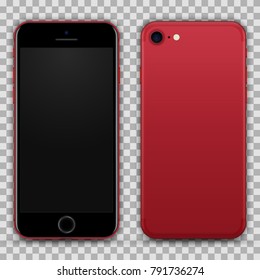 Realistic Red Black Smartphone with Blank Screen Isolated on Background. Front and Back View For Print, Web, Application. High Detailed Device Mockup Separate Groups and Layers. Easily Editable Vector