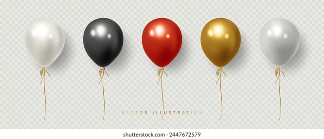 Realistic red, black, white, golden, and transparent grey balloons. Glossy realistic 3d balloons for Birthday party. Vector illustration, Isolated on a transparent background