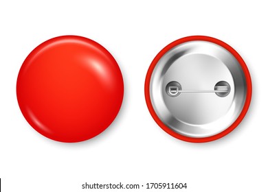 Realistic Red Blank Badge. 3D Glossy Round Button. Pin Badge Mockup. Vector Illustration.