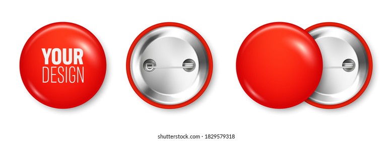 Realistic red blank badge. 3D glossy round button. Pin badge mockup. Vector illustration.