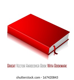 Realistic red blank hardcover book with red bookmark. Isolated on white background with soft reflection for design and branding. Vector 