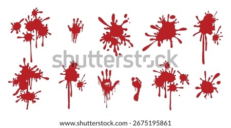 Realistic red blood splashes, handprint, and footprint vector illustration for horror scenes, Halloween posters, or forensic-themed graphic designs. Vector Blood Splatter Set with Hand and Foot Print.