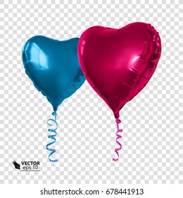 Realistic red and blue balloons in the shape of a heart on a transparent background. Vector illustration