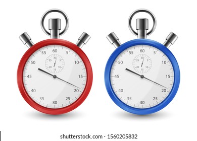 Realistic Red and Blue Classic Stopwatch Icon Set Closeup Isolated on White Background. Stop-watch Design Template. Sport Timer on Competitions. Start, finish, Time Management. Stock Vector