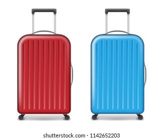 Realistic red and blue large travel plastic suitcase. polycarbonate suitcase with wheels isolated on white. Traveler luggage bag design concept. vector illustration