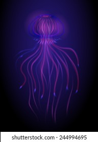 realistic, red, blue lightening poisonous jellyfish in dark deep water, deep ocean