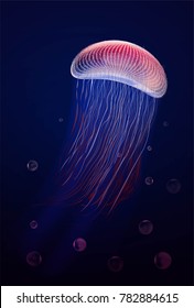 realistic, red, blue lightening poisonous jellyfish in dark deep water with bubbles, deep ocean animal