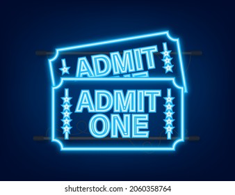 Realistic red and blue show ticket. Old premium cinema entrance tickets. Neon icon. Vector illustration