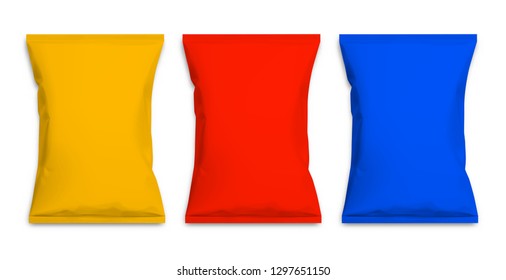 Realistic Red, Blue and Yellow Blank template Packaging Foil for wet wipes. realistic foil package. Package for food. Template For Mock up Your Design. 3D illustration. Vector illustration