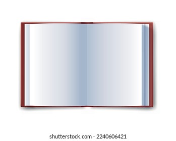 Realistic red book. Poster or banner for website. Open textbook with blank white sheets. Presentation and Library. Encyclopedia with information and knowledge. 3D vector illustration