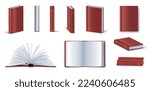 Realistic red books set. Collection of graphic elements for website. Education, training and learning, magic and sorcery, library and literature. 3D vector illustrations isolated on white background