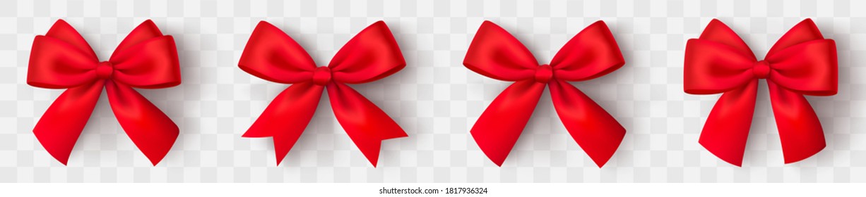 Realistic red bow. Christmas shiny red satin ribbon. New year gift. Decorative red satin ribbon and bow with shadow on transparent background - stock vector.