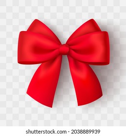 Realistic red bow. Christmas shiny red satin ribbon. New year gift. Decorative red satin ribbon and bow with shadow on transparent background - stock vector.