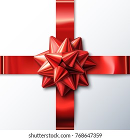 Realistic red bow crossing ribbons with transparent shadow. Vector illustration isolated. Festive decorative  element for design. Holiday glossy object gift decoration Christmas, New Year, Birthday