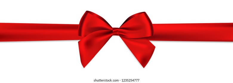 Realistic Red bow and horizontal ribbon shiny satin with shadow for decorate your christmas card or gift card vector EPS10 isolated on white background.