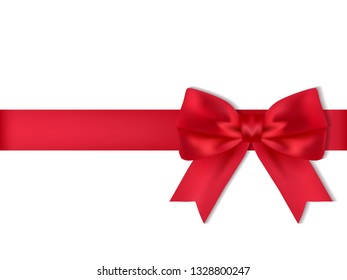 Realistic red bow with horizontal ribbon isolated on white background. Vector decor. 