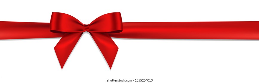 Realistic Red bow and horizontal ribbon shiny satin with shadow for decorate your wedding invitation card or greeting card vector EPS10 isolated on white background.