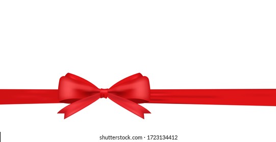 Realistic Red bow and horizontal ribbon shiny satin for decoration gifts, greetings, holidays. Stock vector illustration isolated on white background.