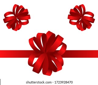 Realistic Red bow and horizontal ribbon shiny satin for decoration gifts, greetings, holidays. Stock vector illustration isolated on white background.