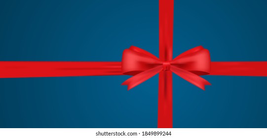 Realistic Red bow and horizontal ribbon shiny satin for decoration gifts, greetings, holidays. Christmas holiday. Gift background. Stock vector illustration isolated on blue background.