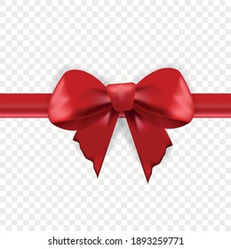 Realistic Red bow and horizontal ribbon shiny satin for decoration gifts, greetings, holidays. Stock vector illustration isolated on white background.