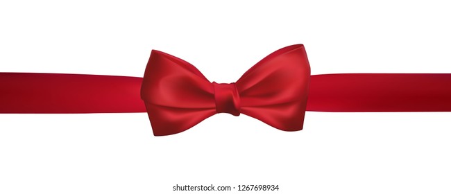 Realistic red bow with horizontal red ribbons isolated on white. Element for decoration gifts, greetings, holidays. Vector illustration.