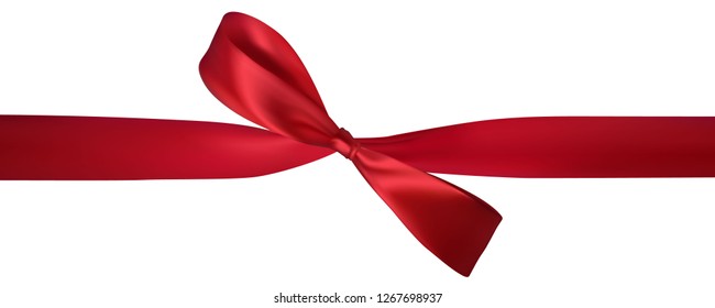 Realistic red bow with horizontal red ribbons isolated on white. Element for decoration gifts, greetings, holidays. Vector illustration.