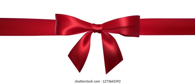 Realistic red bow with horizontal red ribbons isolated on white. Element for decoration gifts, greetings, holidays. Vector illustration.